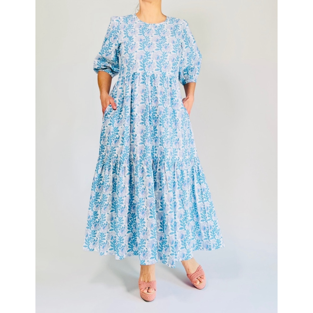 ZS BLOCKPRINTS Women's Floral Print Maxi Dress Size S Blue White - Picture 5 of 17